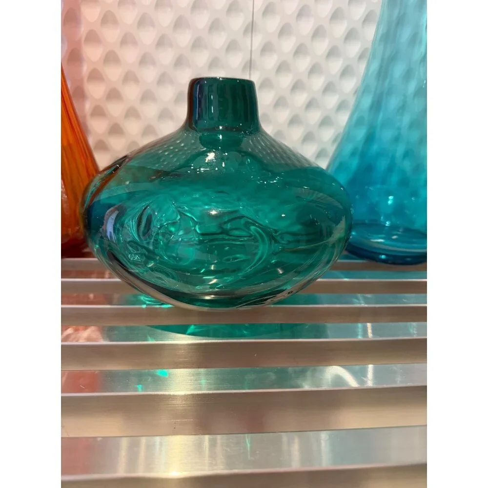 Hand Blown Mid-century Modern Art Heavy  Glass Pinched Vase Green Collectible